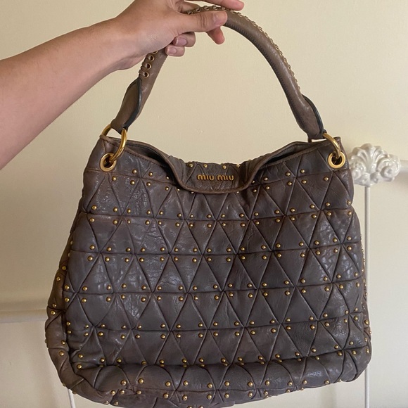 Miu Miu Quilted and Gold Studded Brown Bag - Picture 1 of 8